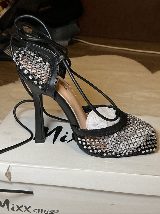 Mixx Shuz Shoes - Mixx Shuz Black Crystal Lace-Up Stiletto Pumps